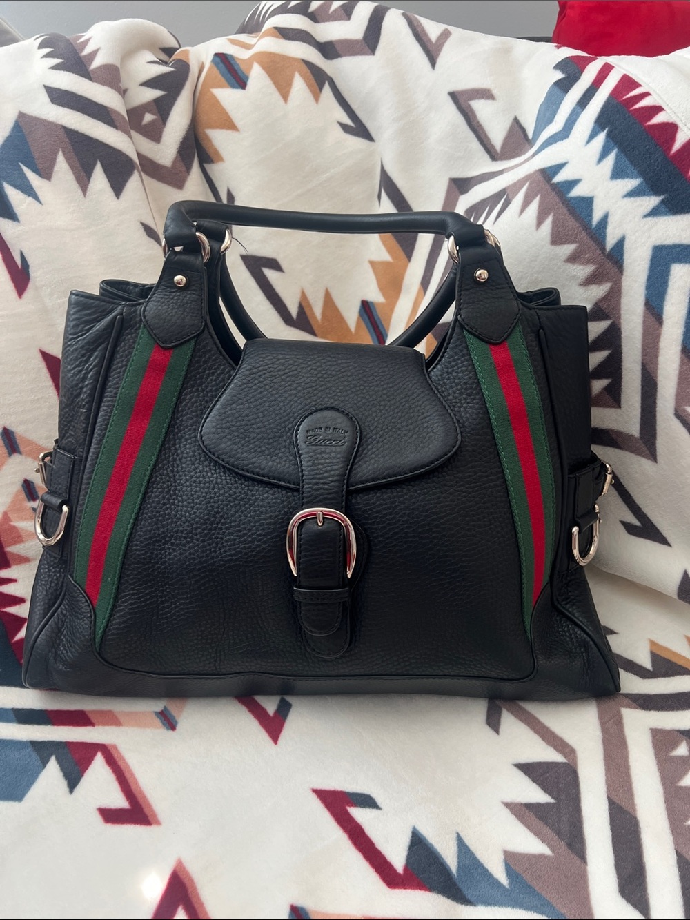 Gucci Black Leather Shoulder Bag with Red & Green Web Stripe